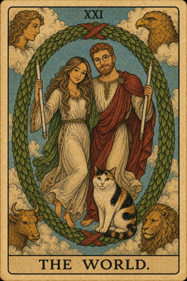 The World custom tarot card featuring a couple and their cat